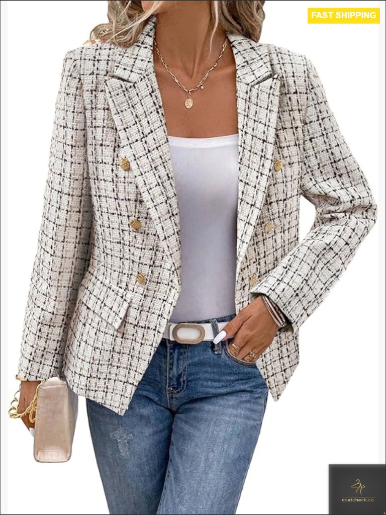 Double-Breasted Tweed Plaid Blazer Jacket Fully Lined Slim Fit Casual Work